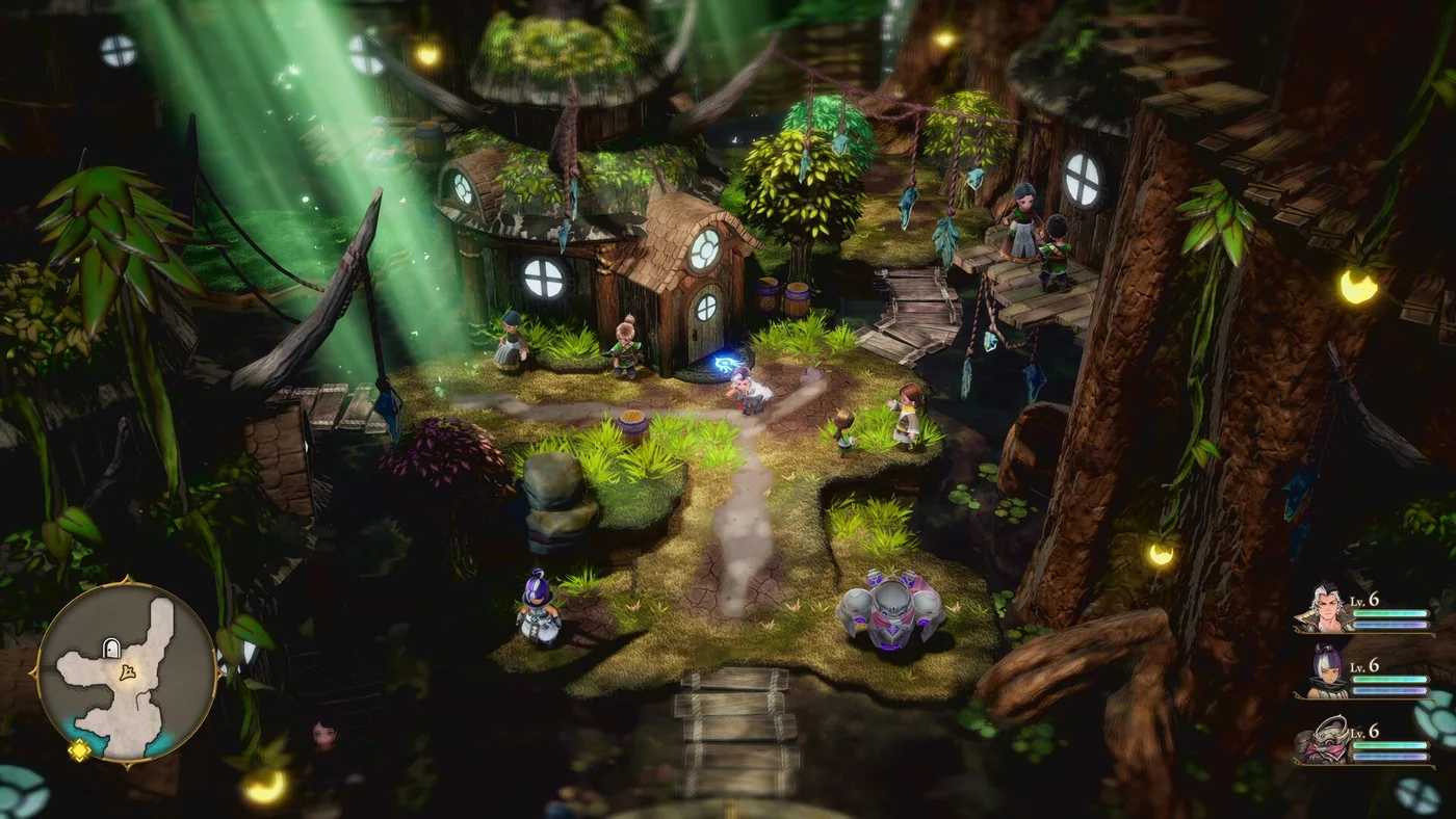 A settlement set among trees in an official gameplay screenshot.